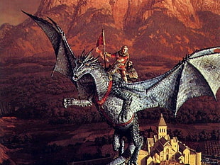 man riding dragon illustration, fantasy art, dragon, warrior