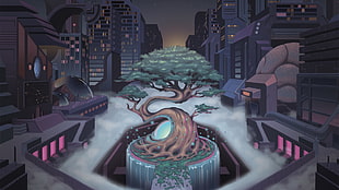 tree in middle of city painting, artwork, Monstercat HD wallpaper