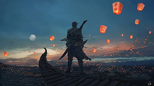 silhouette of swordsman near assorted sky lanterns during night time