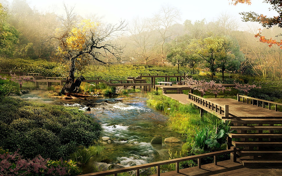 bare tree painting, bridge, lake, park, CGI HD wallpaper