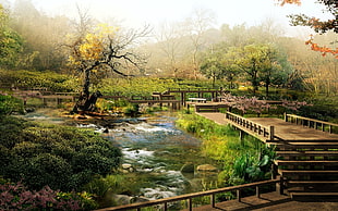 bare tree painting, bridge, lake, park, CGI