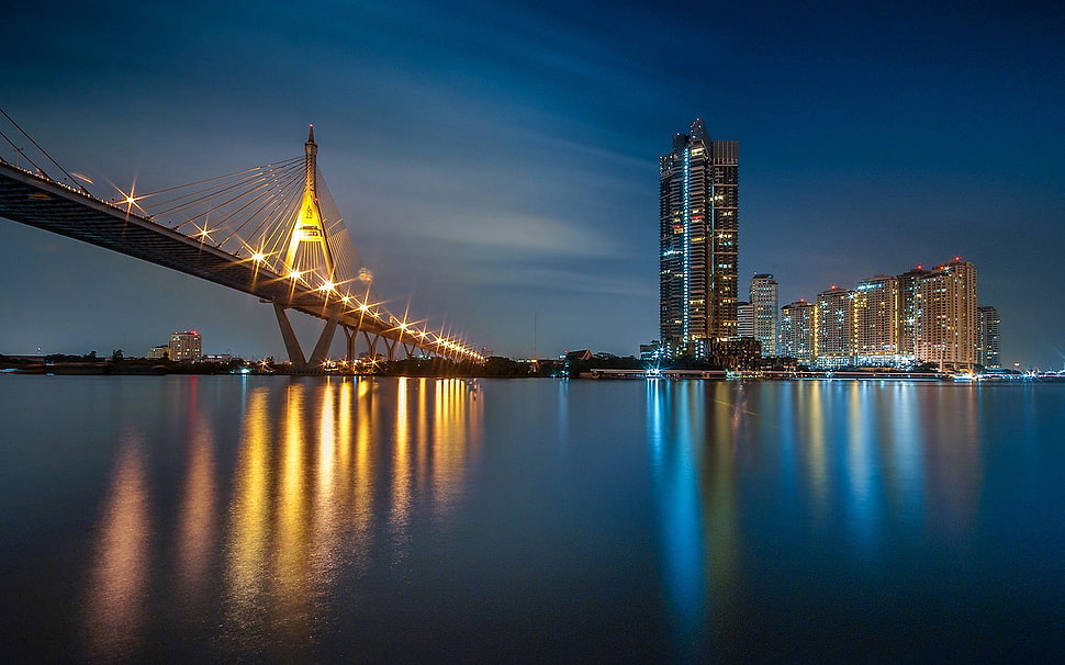 black concrete building, city, Thailand, bridge, water HD wallpaper