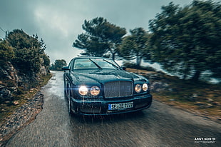 black Rolls Royce car, Bentley, rain, road, Arny North HD wallpaper