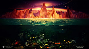 body of water across mountain fan rat, Desktopography, split view, cliff, fish