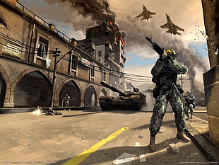 war game digital wallpaper, artwork, tank, aircraft, soldier