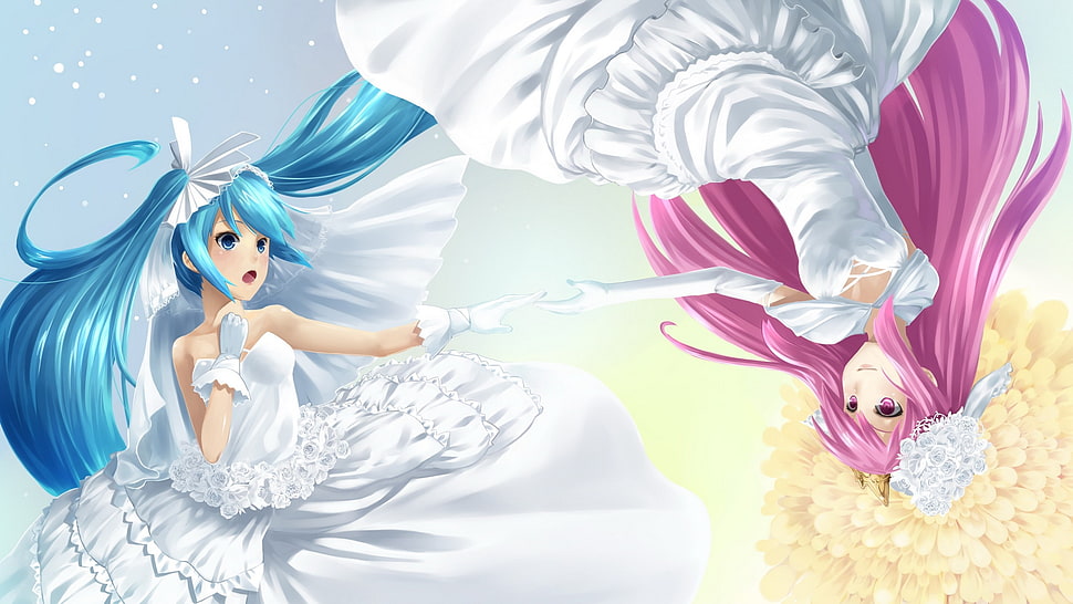 pink and blue haired Anime Brides illustration HD wallpaper