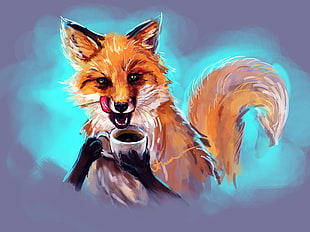 fox watercolor painting, artwork, fox, animals, cup HD wallpaper