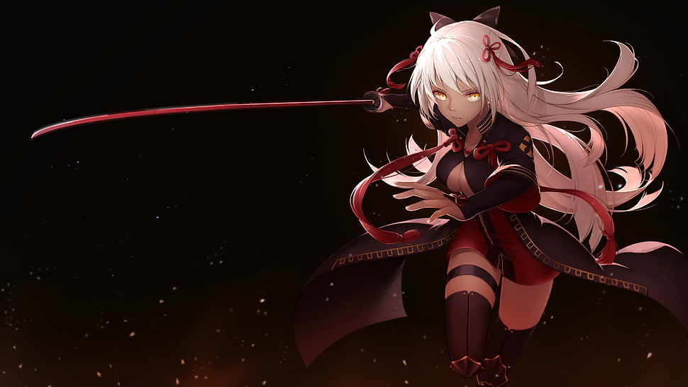 white haired female anime character with sword illustration, Fate/Grand Order, Okita Souji, anime girls, sword HD wallpaper