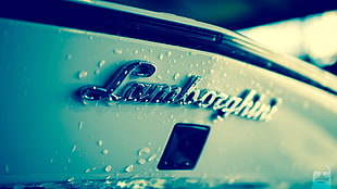 chrome Lamborghini emblem, Lamborghini, logo, water drops, car