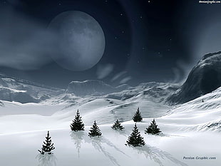 green pine trees, space, Moon