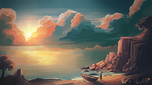 boy standing near boat on seasshore painting, illustration, sunset, mountains, Sun