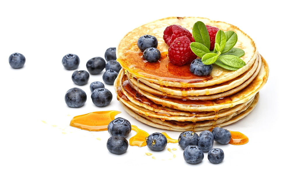 pancakes with blueberries and strawberries HD wallpaper