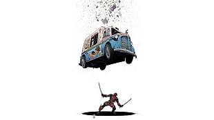 red and black character with van falling from the sky