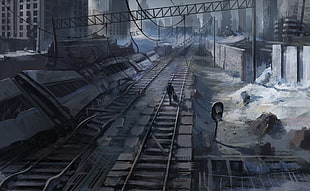 person walk on destroyed railways beside buildings digital wallpaper, Romantically Apocalyptic , Vitaly S Alexius HD wallpaper