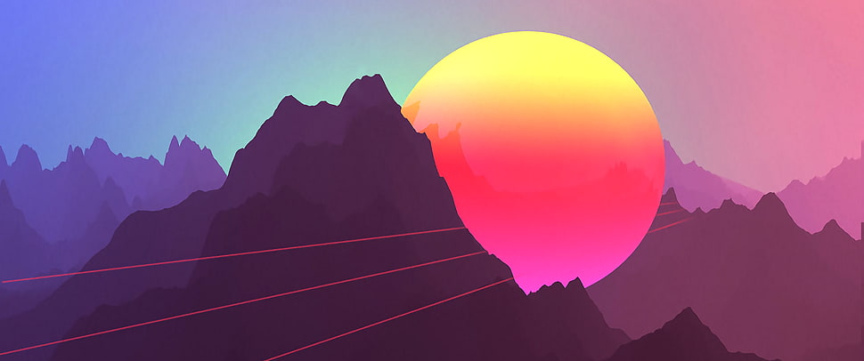silhouette of mountain range during sunset illustration HD wallpaper