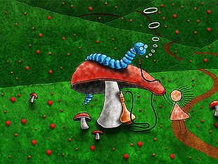 worm, girl, and mushroom illustration