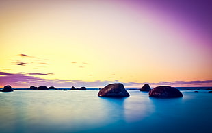 body of water, water, long exposure, sunset, rock