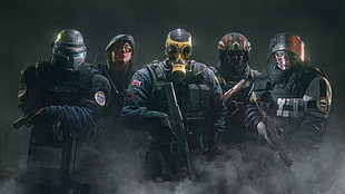 five men with wearing military battle gears HD wallpaper