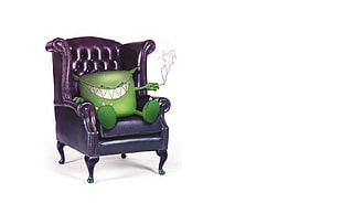 green and black leather padded armchair, feed me, white background, chair, cigarettes