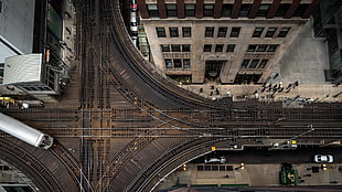 black train road, Chicago, aerial view, train, vehicle