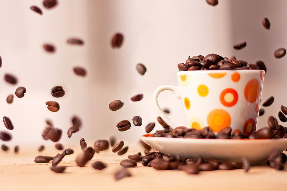 white ceramic mug with coffee beans HD wallpaper