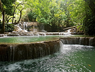 green and brown waterfalls, waterfall, Laos, river, water