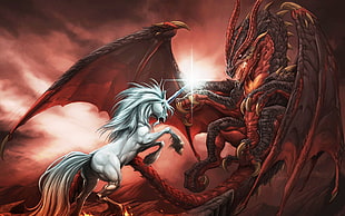 unicorn and dragon wallpaper, unicorns, dragon, fantasy art