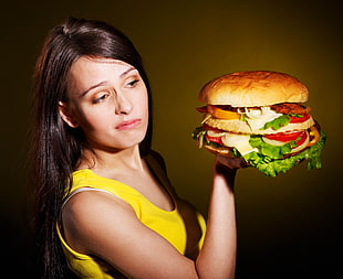 woman holding big burger HD wallpaper
