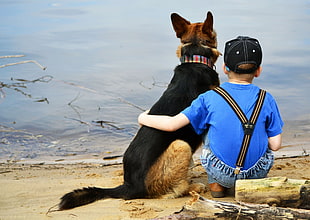 boy and German Shepherd sitting on a seashore