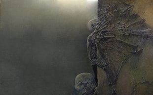 skeleton embossed wall, Zdzisław Beksiński, dark, painting, detailed