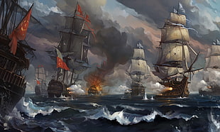 ships painting, Igor Artyomenko, digital art, sea, ship HD wallpaper