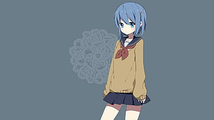 girl with blue hair wearing brown and blue top anime cartoon character digital wallpaper