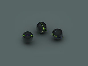 three black LED balls, marble, simple background, sphere, 3D