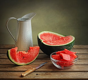 white pitcher and watermelon, food, melons