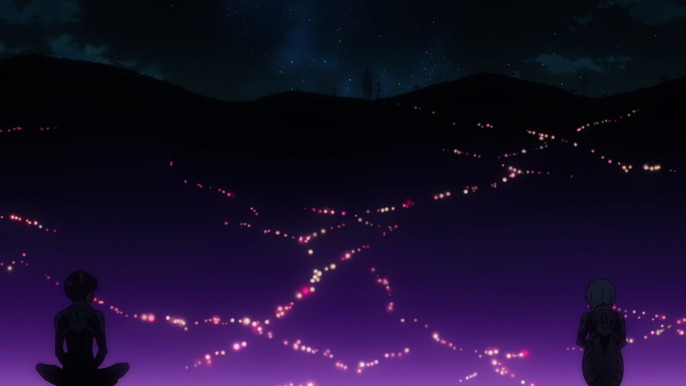 silhouette of two persons facing purple field during night illustration, Neon Genesis Evangelion, Ikari Shinji, Ayanami Rei HD wallpaper