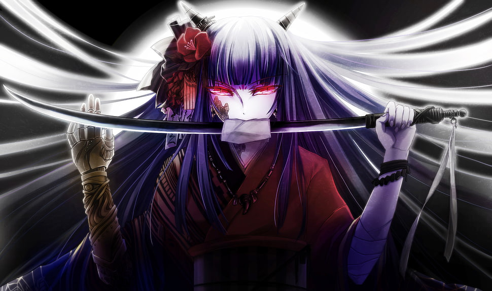 purple haired demon girl with sword anime character HD wallpaper