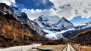 pathway with mountain in distance, nature, HDR, landscape, Yading Nature Reserve HD wallpaper