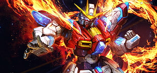 white, red, and blue Gundam with flames wallpaper, Mobile Suit Gundam,  Gundam Build Fighters Try, fire HD wallpaper