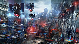 future city and spaceships digital wallpaper