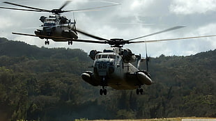two grey and black helicopters, CH-53 Sea Stallion, helicopters, aircraft, marines