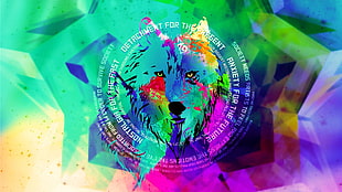 green and purple logo, wolf