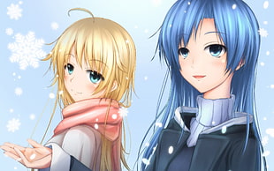 two yellow and blue haired female anime characters