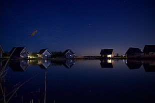 body of water, lake, water, starry night, night HD wallpaper