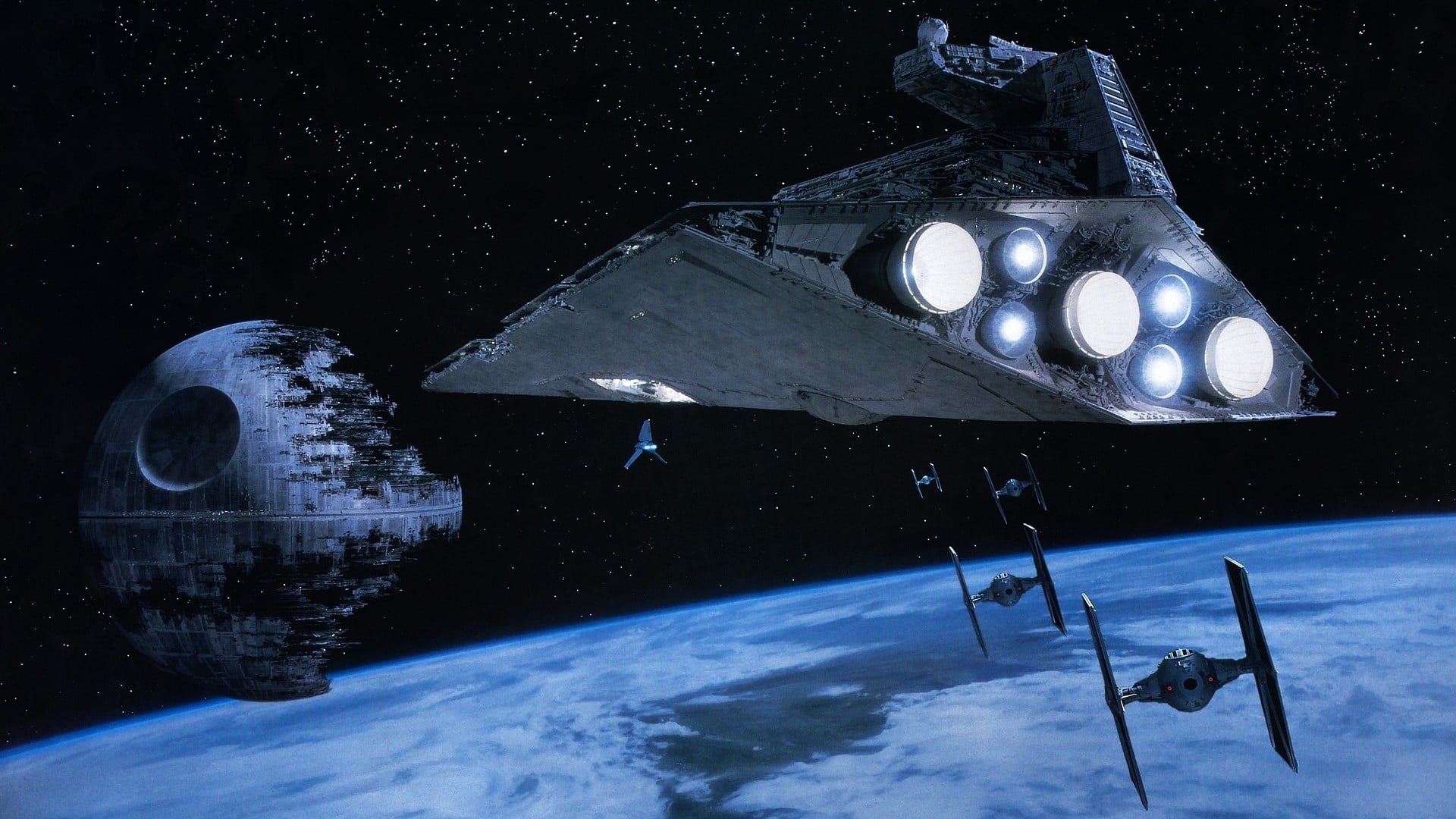 Star Wars digital wallpaper, Star Wars, Star Destroyer, TIE Fighter, Death Star