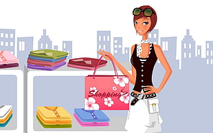 girl holding pink floral shopping bag illustration HD wallpaper