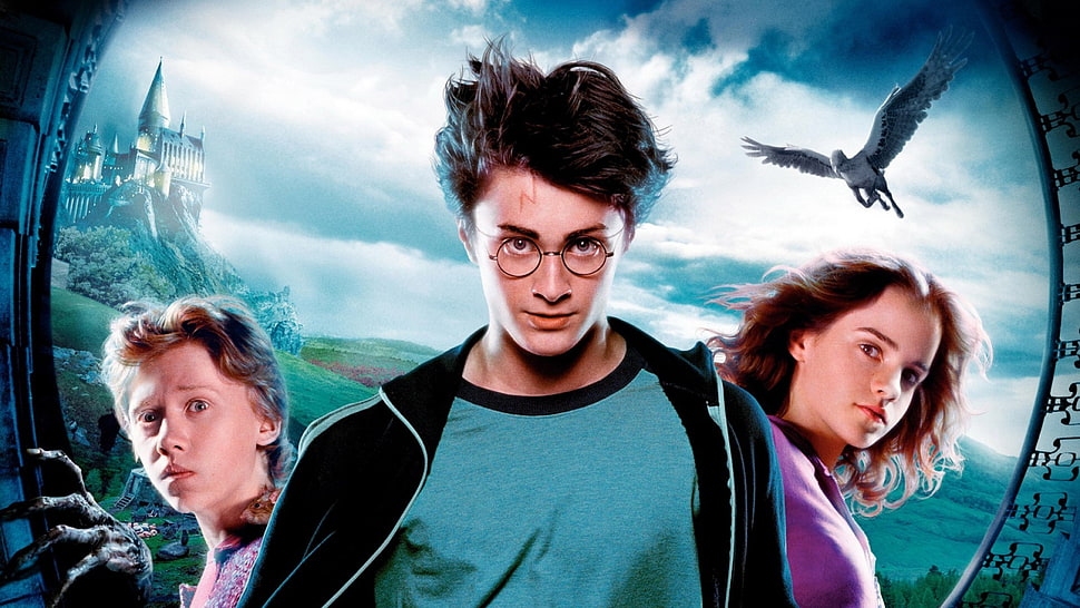 men's black and white crew-neck shirt, Harry Potter, movies, Daniel Radcliffe, Emma Watson HD wallpaper