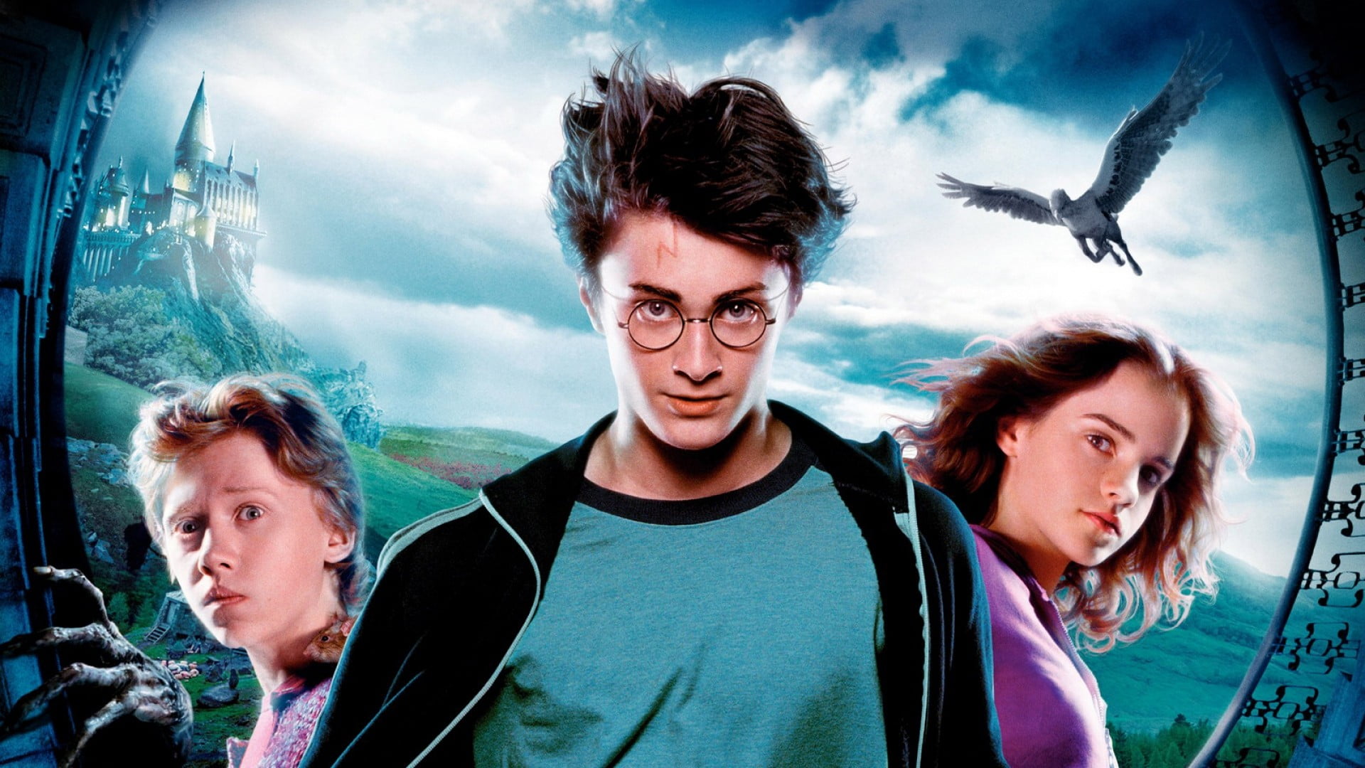 men's black and white crew-neck shirt, Harry Potter, movies, Daniel Radcliffe, Emma Watson