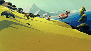 children throwing dinosaur illustration, Steam (software), dinosaurs, landscape, minimalism HD wallpaper