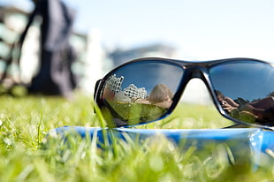 shallow focus photography of black sunglasses on green grass during daytime HD wallpaper