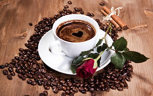 white ceramic cup with brew coffee and red Rose flowers HD wallpaper